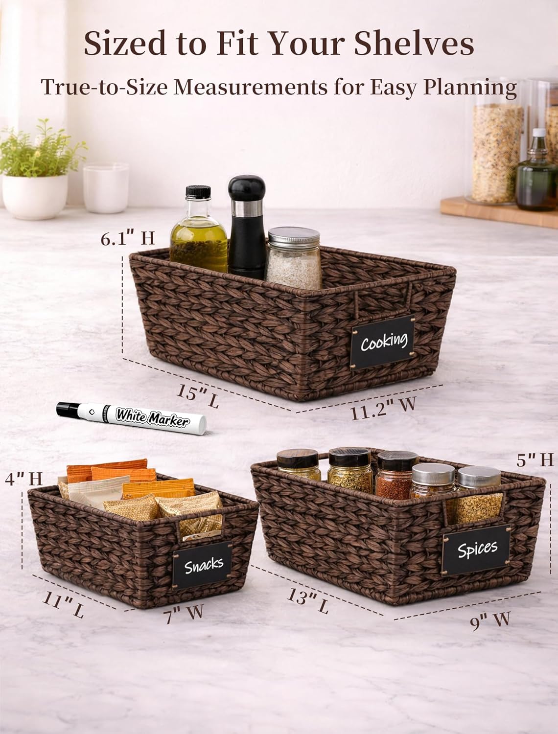 Pantry Organizers and Storage, Water Hyacinth Storage Baskets for Shelves, Natural Baskets for Organizing, Pantry Baskets with Chalkboard Labels and Marker