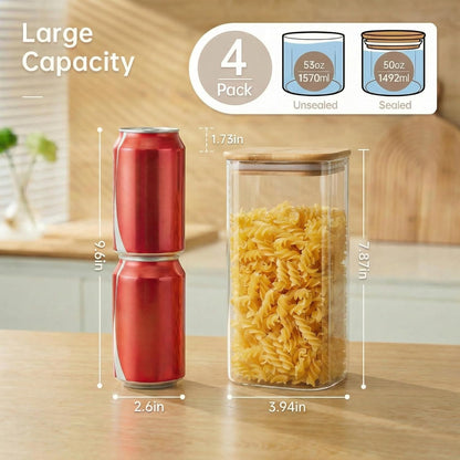 HomArtist Square Glass Jars with Bamboo Lids [Muti Size Set of 5], Glass Canisters with Airtight Lids, Glass Food Storage Containers for Pasta, Cereal, Flour, Sugar, Best for Kitchen & Pantry