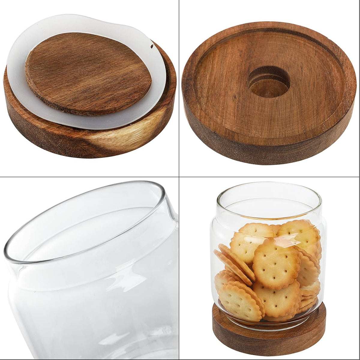 Bekith 4 Pack 15 FL OZ (450ml) Glass Food Storage Jar with Acacia Lids, Airtight Sealed Clear Glass Canisters, Kitchen Food Storage Container for Serving Tea, Coffee Beans, Nuts, Spice, Sugar