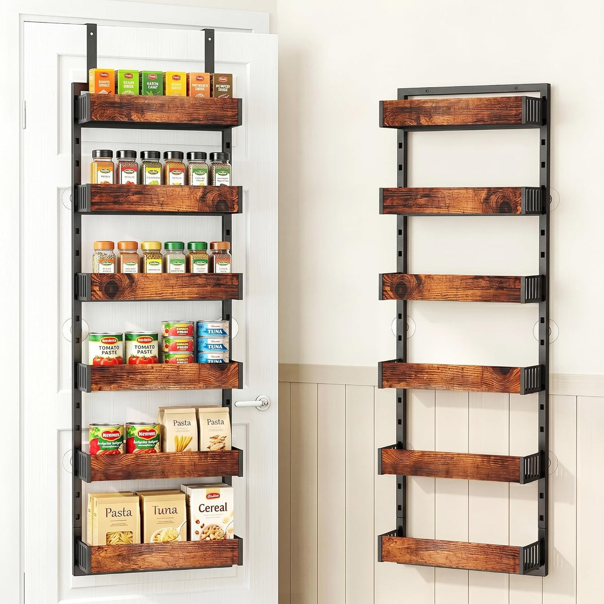 6-Tier Over the Door Pantry Organizer, 2-in-1 Door Hanging or Wall Mounted Spice Rack, Space Saving Metal Storage Shelves with Adjustable Baskets for Kitchen, Closet, Bathroom