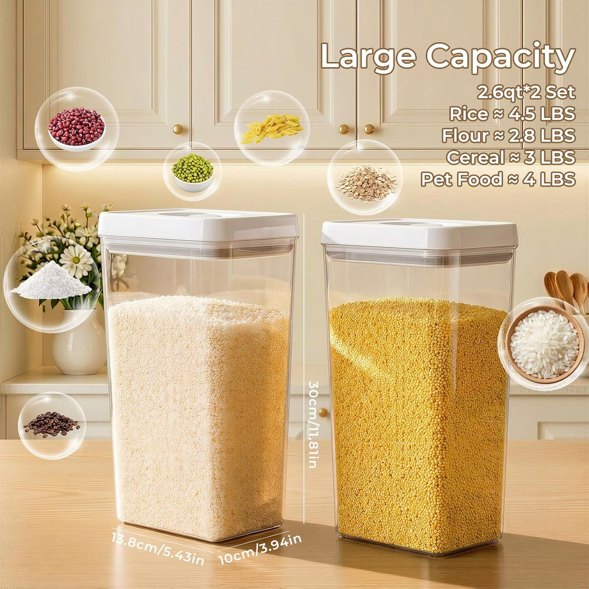 UFORU Food Storage Containers with Twist-lock Lids,2.6Qt 2Pcs Airtight Food Storage Containers, BPA-Free Stackable Kitchen Pantry Organizers and Storage, Rotary Opening Flour and Sugar Container Sets