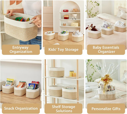 R RUNKA Small Cotton Rope Basket – Storage Bin for Organizing (10.6" x 6.7" x 6.7"), Bathroom Storage Basket for Shelf, Counter & Closet（Beige）