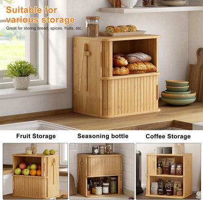 WOWLIVE Bread Box for Kitchen Countertop, Large Roll Top Bread Boxes with Sliding Door, Airtight Bread Storage Container for Loaves, Pastries & Bagels, Bamboo Counter Organizer (Natural, Medium)