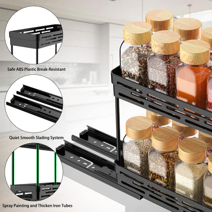 Pull Out Spice Rack Organizer for Cabinet, Slide Out Spice Racks Organizer, Spice Cabinet Organizers, Cabinet Size Need:12'' Highx11'' Deepx5'' Wide,Hold 10 Spice Jar Each Tier-2Tier, Black