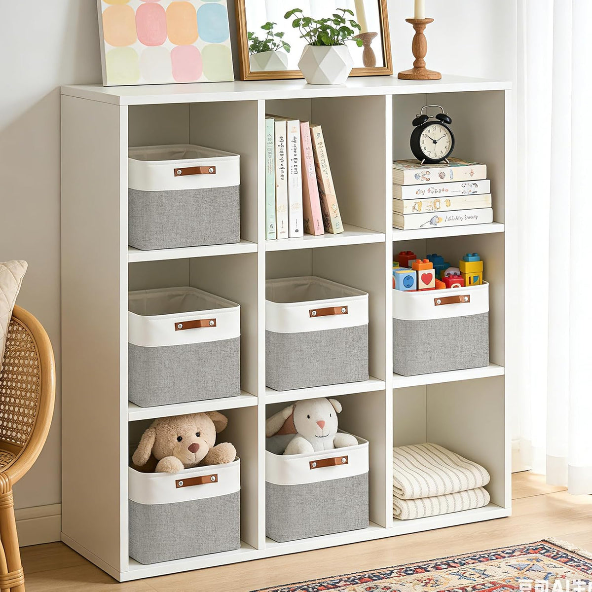 Bagnizer Large Fabric Storage Baskets | 50L Storage Bins, Decorative Linen Closet Baskets with Handles for Organizing, Shelf, Toys, Clothes, Home, Office, Nursery, 17x12x15Inches (Grey&White)
