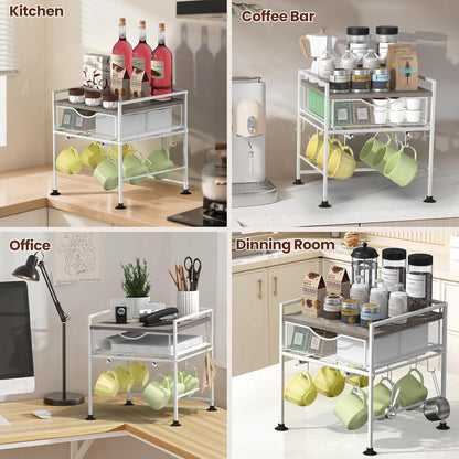 Coffee Bar Organizer Countertop, 2 Tier Mug Cup Holder Stand with 10 Hooks, 60 K Cup Coffee Pod Drawer with Mug Rack, Multifunctional Shelf Organizer for Kitchen, Grey
