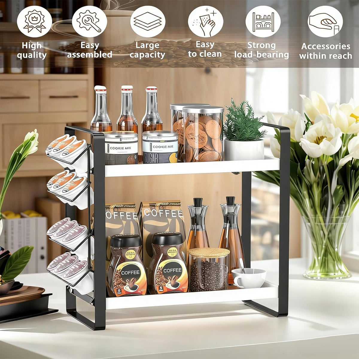LEMIKKLE 2-Tier Coffee Bar Organizer With Basket,Wooden Counter Shelf for Coffee Bar Accessories,Kitchen Spice Rack Organizer for Countertop-Brown