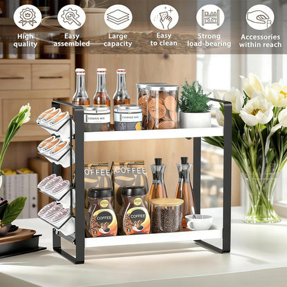 LEMIKKLE 2-Tier Coffee Bar Organizer With Basket,Wooden Counter Shelf for Coffee Bar Accessories,Kitchen Spice Rack Organizer for Countertop-Brown