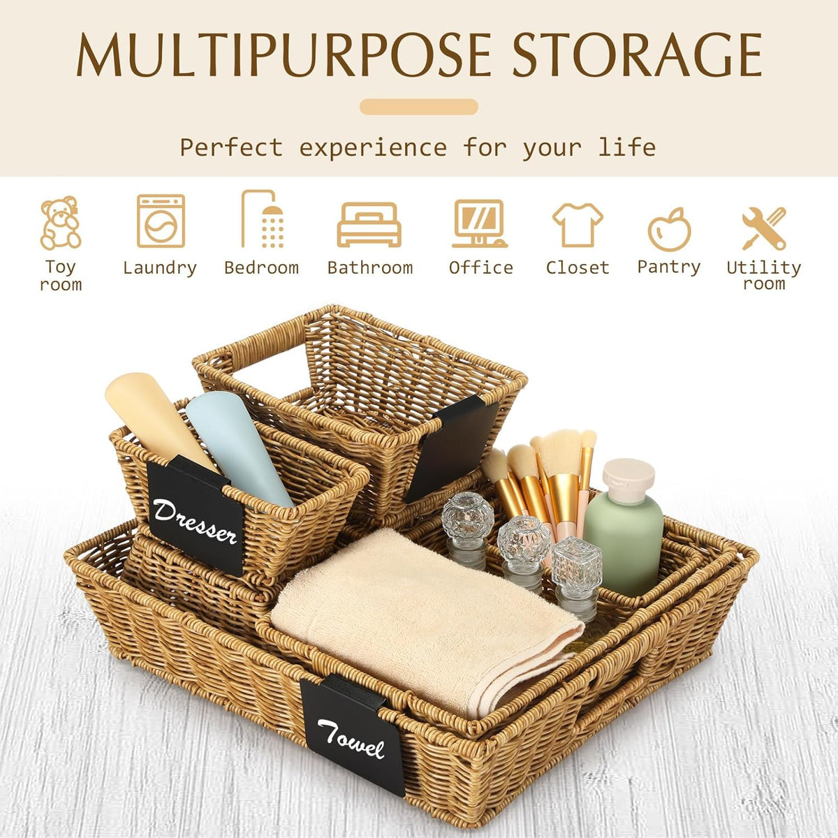 Marsui 9 Pcs Wicker Storage Baskets for Pantry Organization with Handle Labels Handwoven Multi-size Dark Brown Small Organizer Baskets Storage Bin Container for Shelves Closet Toilet Christmas Holiday