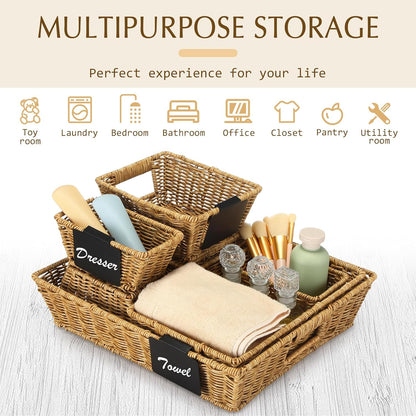Marsui 9 Pcs Wicker Storage Baskets for Pantry Organization with Handle Labels Handwoven Multi-size Dark Brown Small Organizer Baskets Storage Bin Container for Shelves Closet Toilet Christmas Holiday