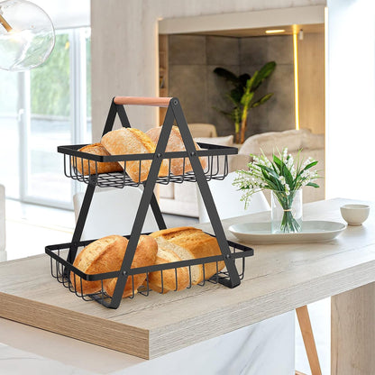 mahueeol 2 Tier Countertop Fruit Basket,Portable Fruit Bowle for Kitchen Organizer Storage & Dining Room Fruits Vegetable Bread Snacks, Detachable Metal Rectangle Basket Storage
