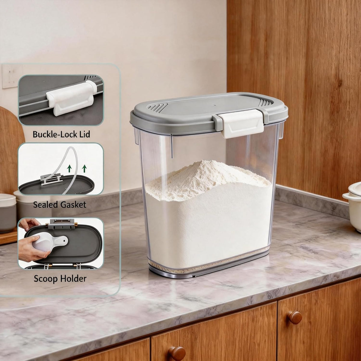 Large Rice Storage Container 15-20 Lbs, Tall Flour Container with Scoop + Cup - Slim Dry Food Storage Bin for Cereal, Sugar, Beans, Pet Dog Cat Food Container - Kitchen and Pantry Storage Organization