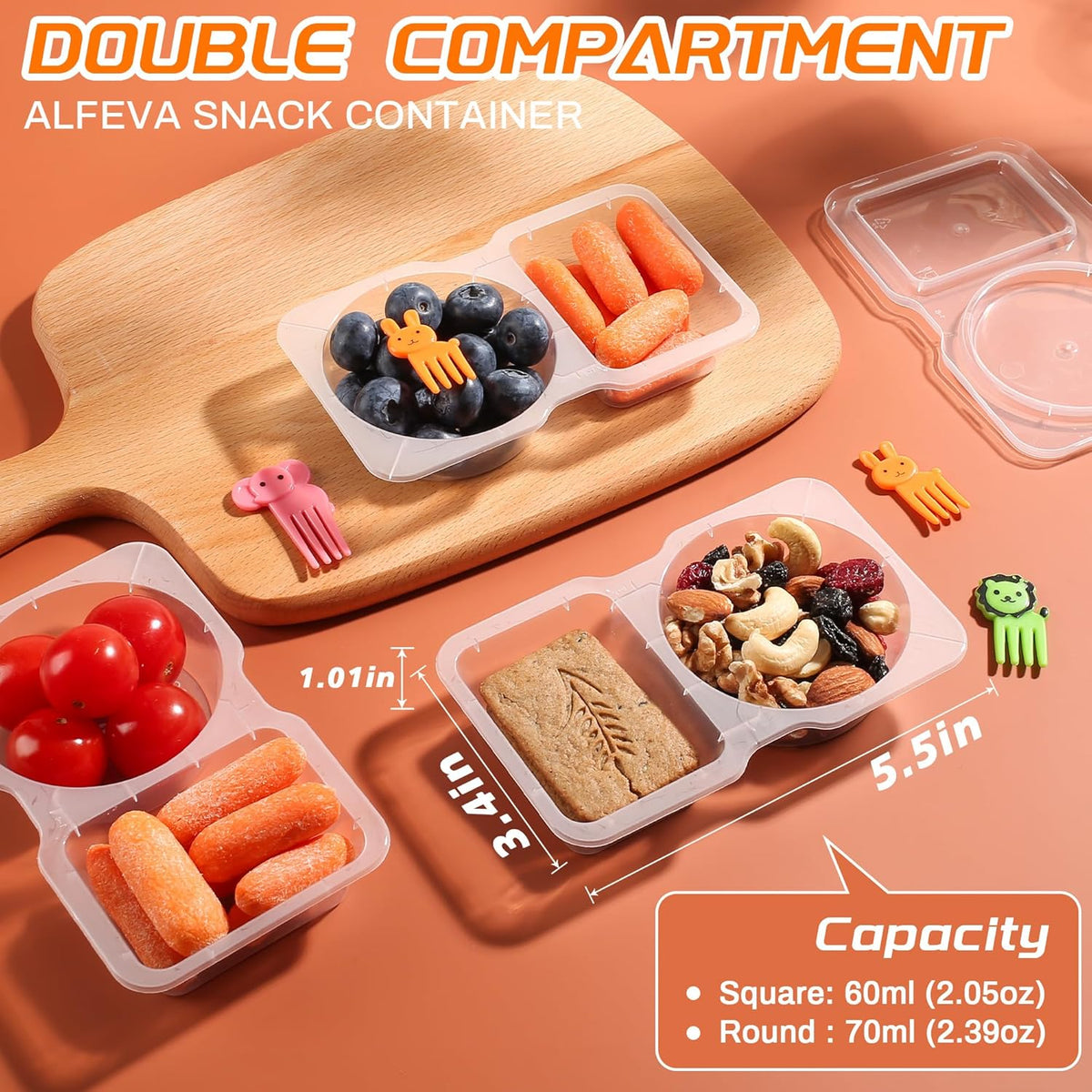 ALFEVA Reusable Snack Containers with Lids Portion control, Camping Essentials,Meal Prep Containers for Kids adults On the Go Meals, 10 Forks, Snack Pack Containers for Travel