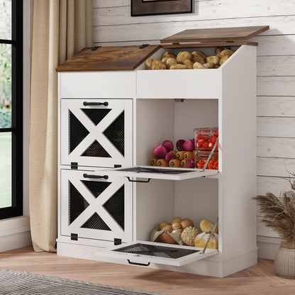 Potato And Onion Storage Bin with Lid,Veggie Bin W/6 Large Storage Box.Root Vegetable Storage Box For Kitchen,Farmhouse Potato Storage Bin W/4 Mesh Doors,Bread Keeper for Toast,Bagel,Donut,Cookies