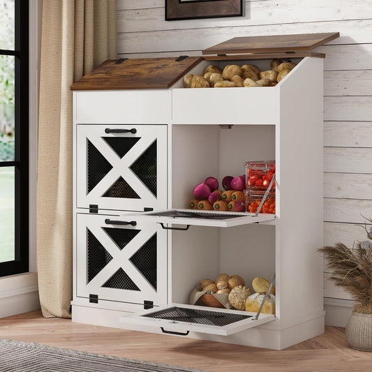 Potato And Onion Storage Bin with Lid,Veggie Bin W/6 Large Storage Box.Root Vegetable Storage Box For Kitchen,Farmhouse Potato Storage Bin W/4 Mesh Doors,Bread Keeper for Toast,Bagel,Donut,Cookies