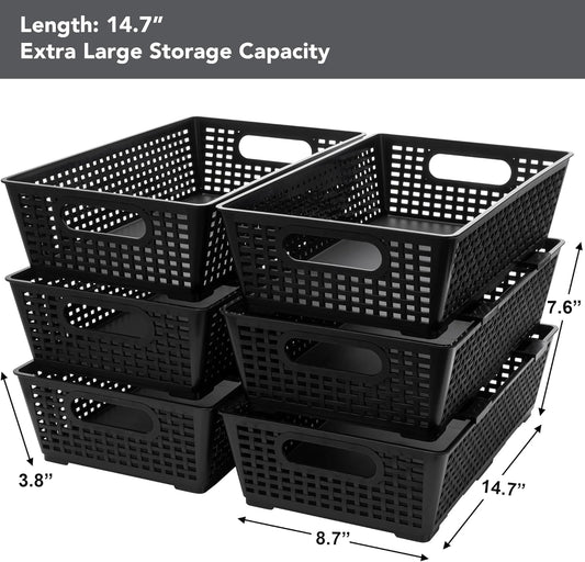 Tiawudi Stackable Woven Plastic Basket, Storage Bins for Cabinet, Closet, Shelf, Under Sink and Countertop, Pantry Organizer Bins, 6 Pack