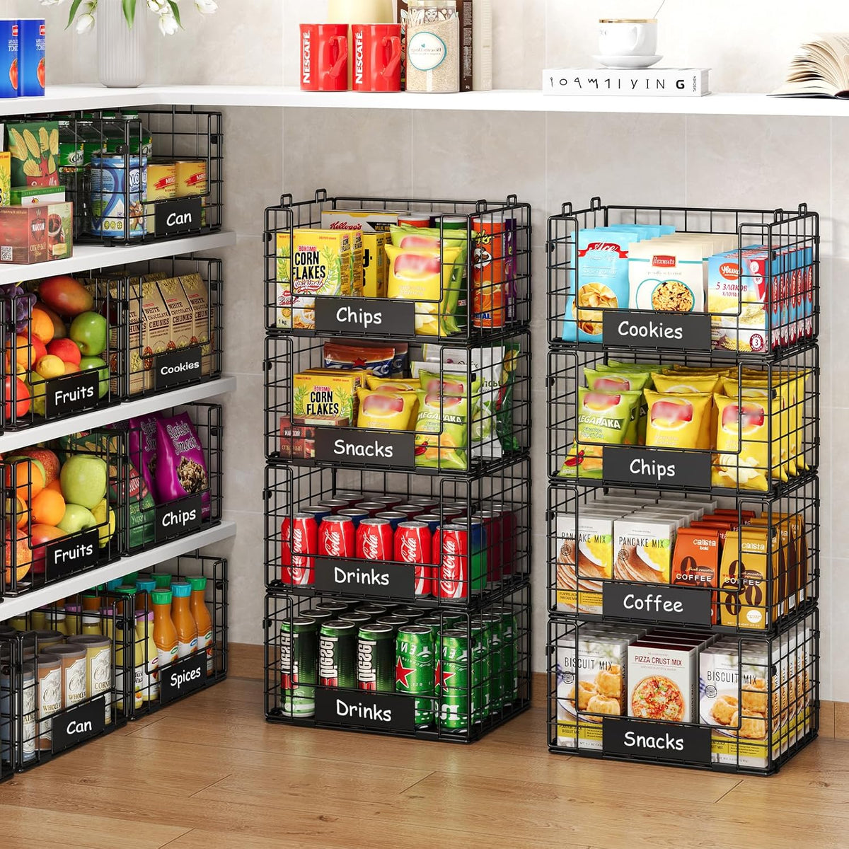 JKsmart 4 Pack XXL Stackable Wire Baskets with Handles for Pantry Storage and Organization,Fruit and Vegetable Basket with Name Plates,Metal Storage Bins for Snack Can Fruit Veggies