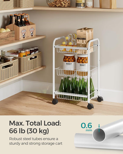 SONGMICS 3-Tier Metal Rolling Cart on Wheels with Baskets, Lockable Utility Trolley with Handles for Kitchen Bathroom Closet, Storage with Removable Shelves, Black UBSC03BK