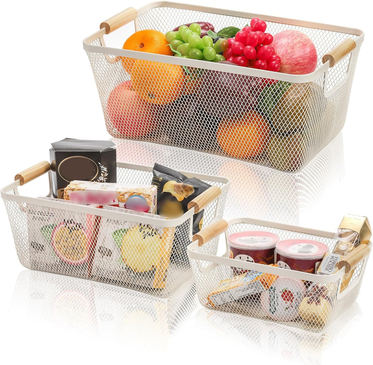 Noamus 3 Pack Metal Mesh Baskets with Wood Handle, Iron Storage Organizer Basket, Cream White Wire Countertop Baskets for Organizing, Cabinet Pantry Closet Bedroom Kitchen(3 Size)