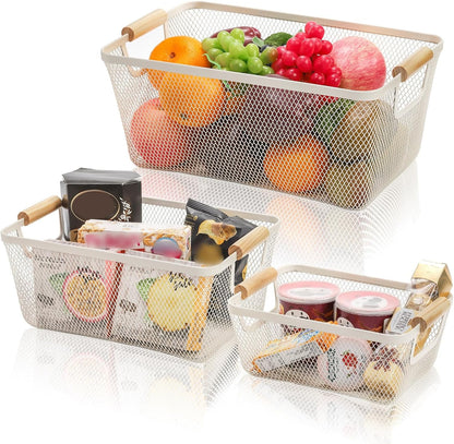 Noamus 3 Pack Metal Mesh Baskets with Wood Handle, Iron Storage Organizer Basket, Cream White Wire Countertop Baskets for Organizing, Cabinet Pantry Closet Bedroom Kitchen(3 Size)