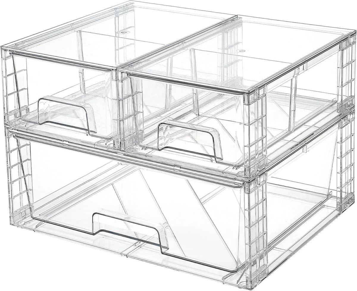 Vtopmart 3 Pack Clear Stackable Storage Drawers,Easy to Assemble Bathroom Organizers and Storage with handles,Plastic Drawers for Kitchen Pantry,Cabinet,Under Sink Organization