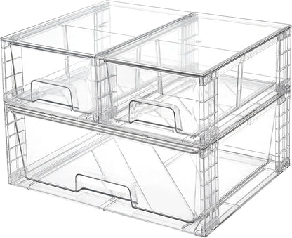 Vtopmart 3 Pack Clear Stackable Storage Drawers,Easy to Assemble Bathroom Organizers and Storage with handles,Plastic Drawers for Kitchen Pantry,Cabinet,Under Sink Organization