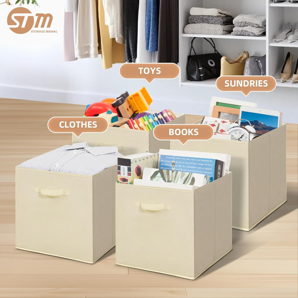 STORAGE MANIAC Storage Cubes, 11 Inch Durable 6 Pack Fabric Foldable Collapsible Bins with Handles for Organization, Closet, Shelves, Offices, Toys, Black