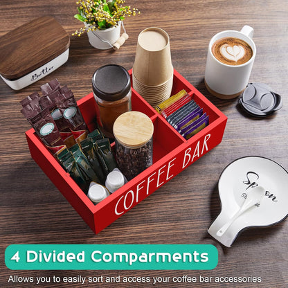 ALELION Coffee Station Organizer - Wood Countertop Accessories Organizer with Removable Dividers for Pods Condiment Syrup Tea Cups Stirrers - for Farmhouse Coffee Bar Decor