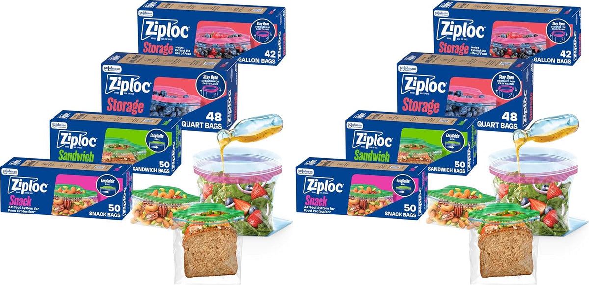 Ziploc Storage Bags Variety Pack, 190ct Total, 42ct Storage Gallon and 48ct Storage Quart, 50ct Sandwich and 50ct Snack