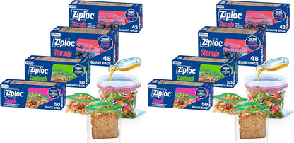 Ziploc Storage Bags Variety Pack, 190ct Total, 42ct Storage Gallon and 48ct Storage Quart, 50ct Sandwich and 50ct Snack