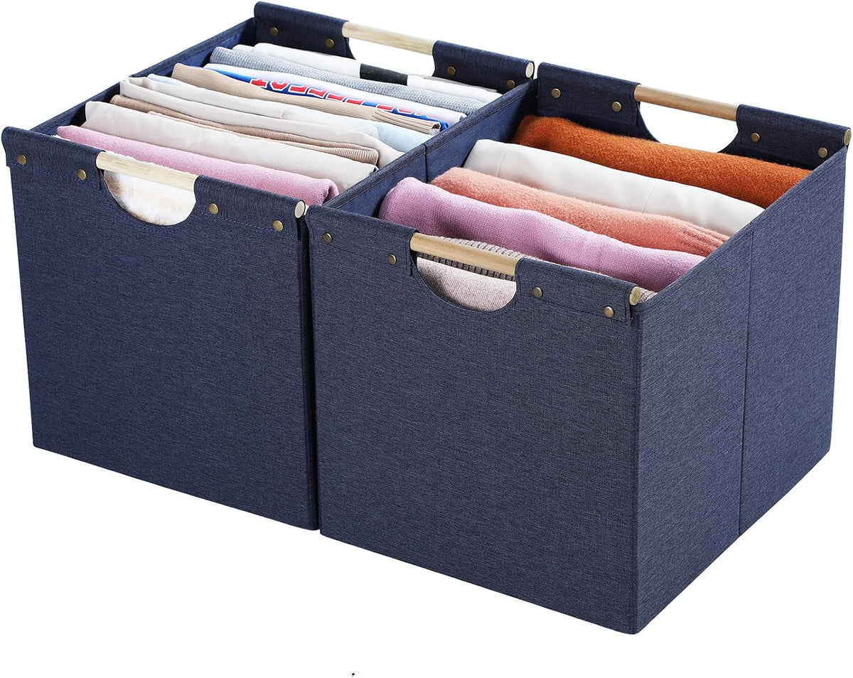HOONEX Large Collapsible Storage Bins, Linen Fabric, Pack of 2, Storage Baskets with Wooden Carry Handles and Sturdy Heavy Cardboard, for Home, Office, Car, Nursery, Black