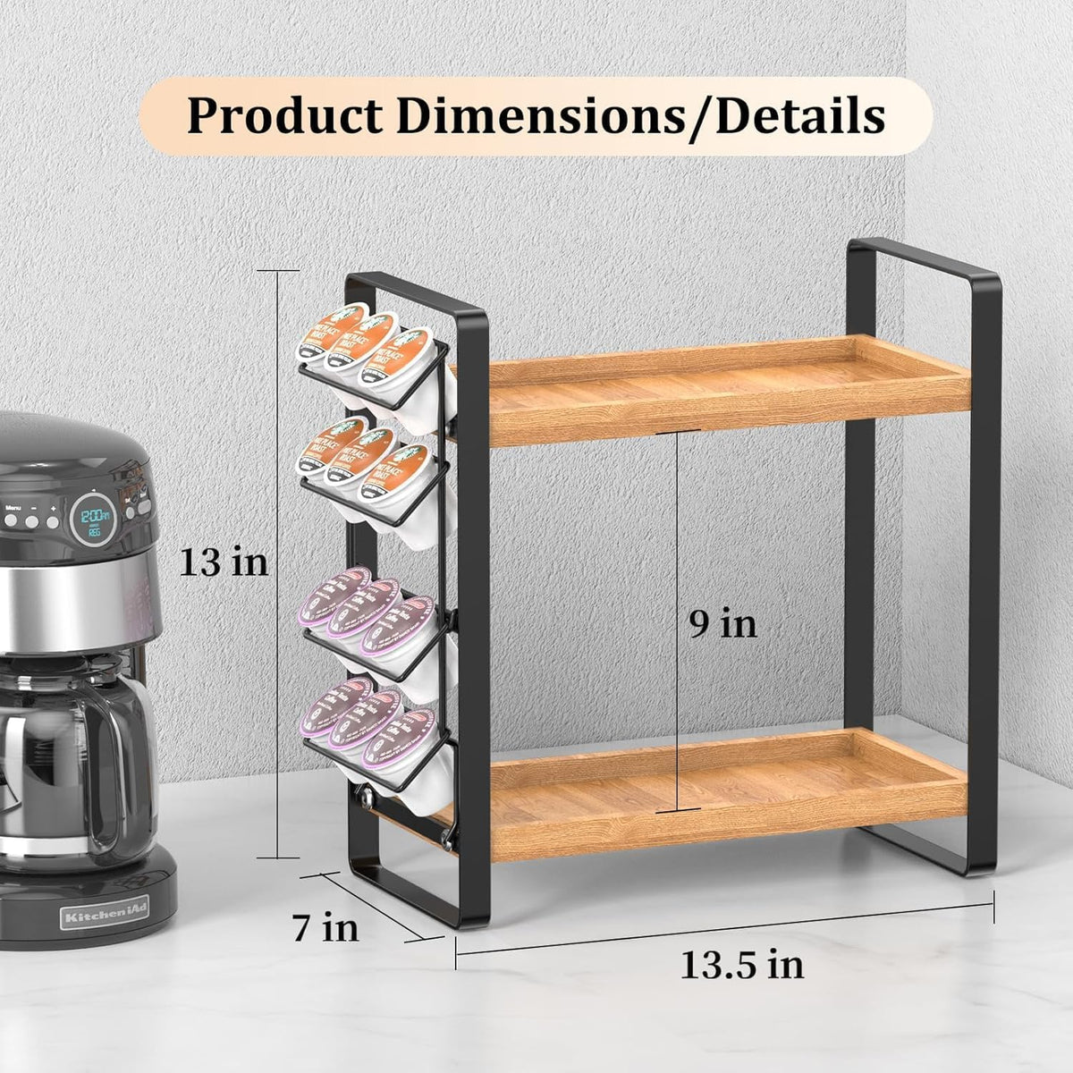 LEMIKKLE 2-Tier Coffee Bar Organizer With Basket,Wooden Counter Shelf for Coffee Bar Accessories,Kitchen Spice Rack Organizer for Countertop-Brown