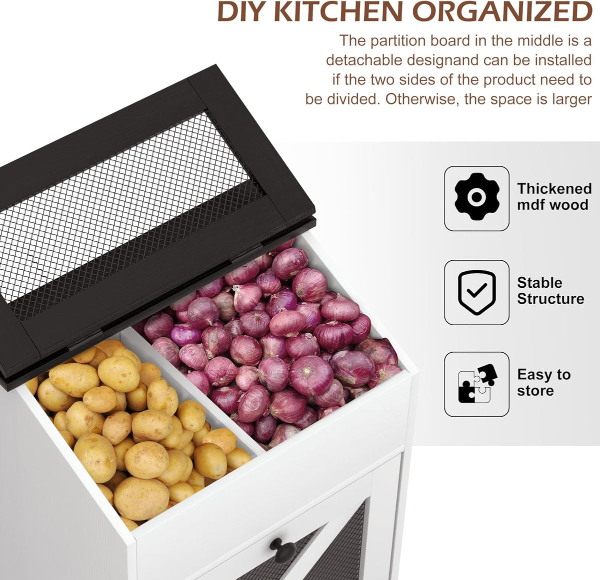 Wooden Potato and Onion Storage Bin w/Lid, Large Capacity and Ventilated Design, Ideal for Pantry, Kitchen Brown