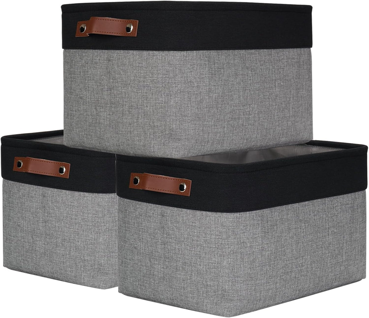 Bagnizer Large Fabric Storage Baskets | 50L Storage Bins, Decorative Linen Closet Baskets with Handles for Organizing, Shelf, Toys, Clothes, Home, Office, Nursery, 17x12x15Inches (Grey&White)