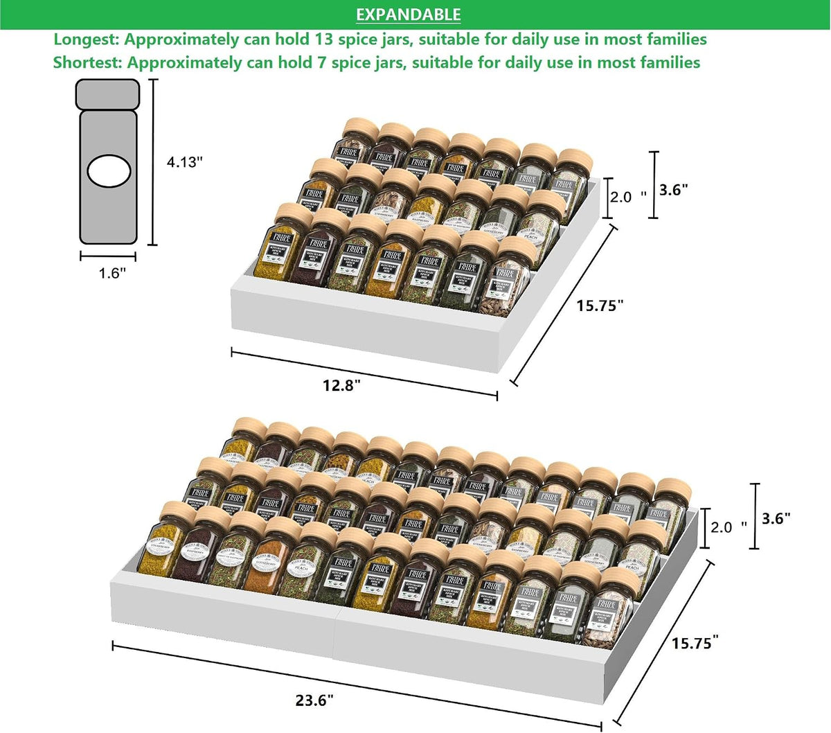Expandable Metal Spice Drawer Organizer,3-Tier,Slanted Seasoning Jars Tray for Kitchen Cabinet Drawers Insert/Countertop (Jars not included)-3Tier /White