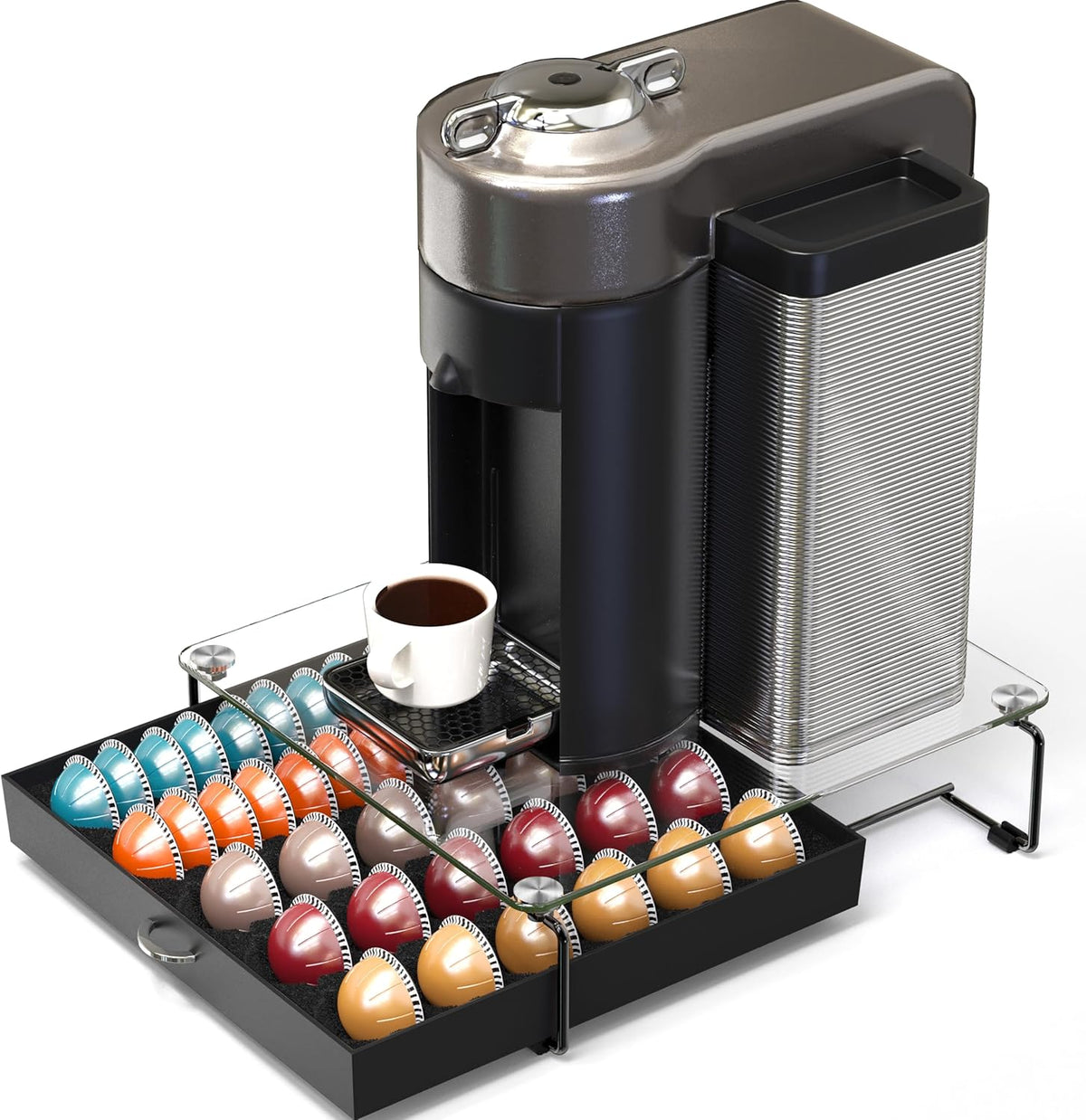 DecoBrothers Crystal Tempered Glass Vertuo Pod Holder Drawer, 24 Large or 48 Small Nespresso Capsule Organizer