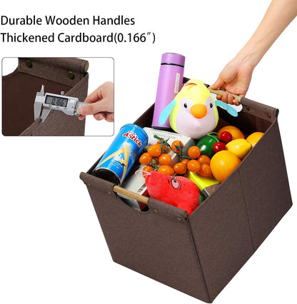 HOONEX Large Collapsible Storage Bins, Linen Fabric, Pack of 2, Storage Baskets with Wooden Carry Handles and Sturdy Heavy Cardboard, for Home, Office, Car, Nursery, Black
