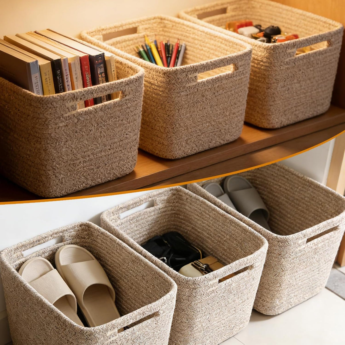 3 Pack Woven Rope Storage Baskets for Shelves,13.5"×11"×9.5" Storage Bins with Handles,Empty Gift Baskets,Nursery Organizer for Toys,Towels,Books,Closet,Living Room,Bedroom (White & Brown)
