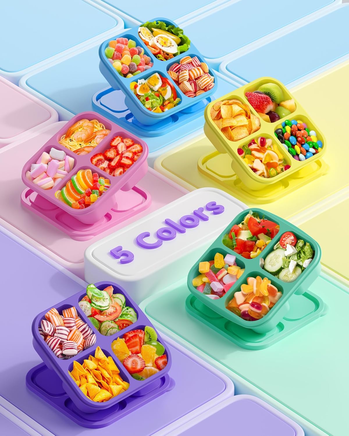 Canfanni 5 Pack Bento Snack Containers, 4 Compartment BPA-free Plastic Food Storage Containers, Divided Lunchable Container, Bento Lunch Box for Work and Travel