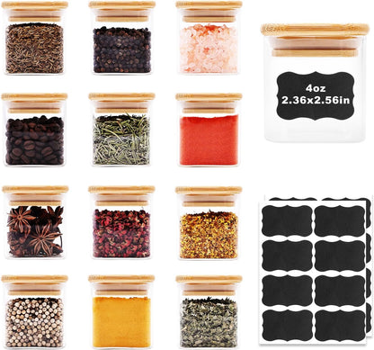 SHOWIN Glass Food Storage Jars Square 37oz, 4 Pack Glass Jars With Bamboo Lids, Kitchen Storage Containers For Spice, Candy, Cookie, Storage For Pantry Organizers