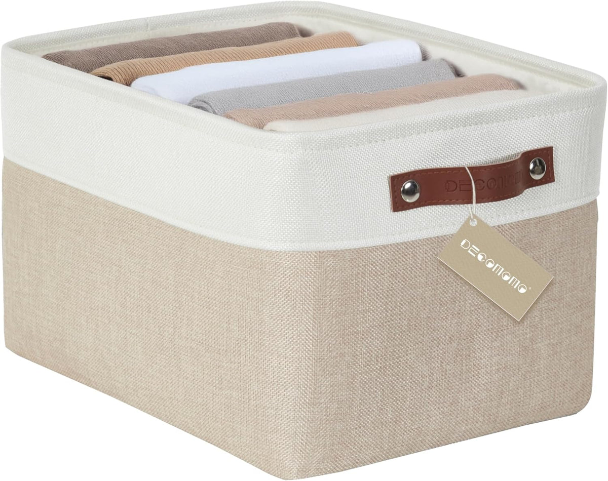 DECOMOMO Storage Bins, Large Fabric Storage Baskets for Shelves, Decorative Linen Closet Organizer, 15 x 11 x 9.5 inches (Beige & White, 3 Pack)