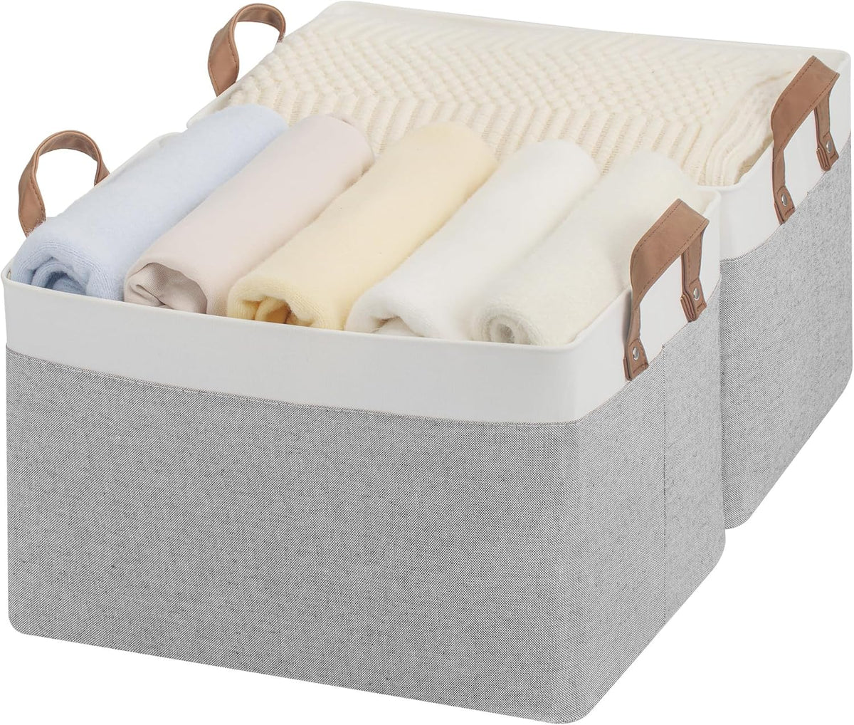 StorageWorks Storage Bins, Shelves Baskets for Organizing, Fabric Closet Organizers with Handles, Metal Frame, Beige-Cotton-linen, 2-Pack