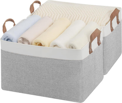 StorageWorks Storage Bins, Shelves Baskets for Organizing, Fabric Closet Organizers with Handles, Metal Frame, Beige-Cotton-linen, 2-Pack
