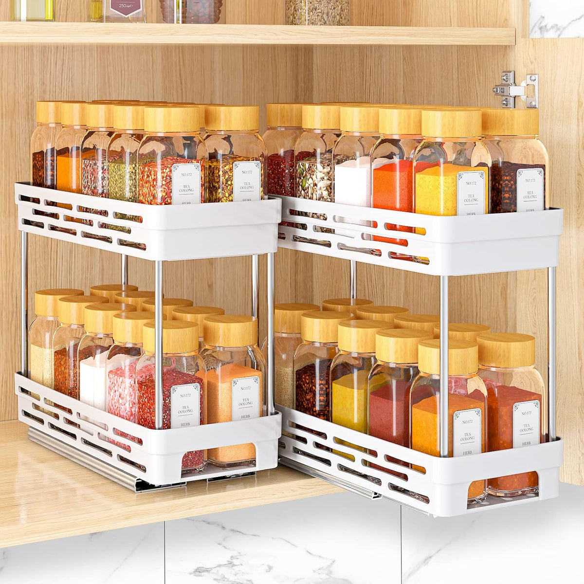 Pull Out Spice Rack Organizer for Cabinet, Slide Out Spice Racks Organizer, Spice Cabinet Organizers, Cabinet Size Need:12'' Highx11'' Deepx5'' Wide,Hold 10 Spice Jar Each Tier-2Tier, Black