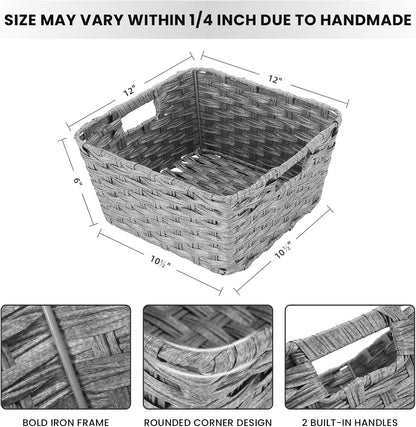 Onlytak Large Wicker Storage Basket, Metal Frame, Set of 2, Washable Waterproof, 15" x 10.3" x 5.2", Brown Color, Woven Basket for Pantry, Toilet, Bathroom, Bedroom, Patio