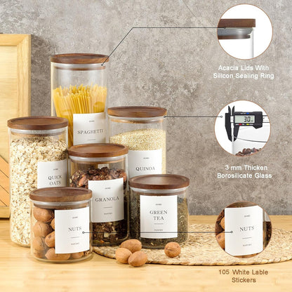 Glass Rice Containers with Acacia Wood Lids, 70oz Airtight Flour and Sugar Jars with 105 Labels, Large Glass Pantry Storage Jars for Cereal, Protein Powder, Cookies, Dry Food