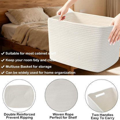 3 Pack Woven Rope Storage Baskets for Shelves,13.5"×11"×9.5" Storage Bins with Handles,Empty Gift Baskets,Nursery Organizer for Toys,Towels,Books,Closet,Living Room,Bedroom (White & Brown)