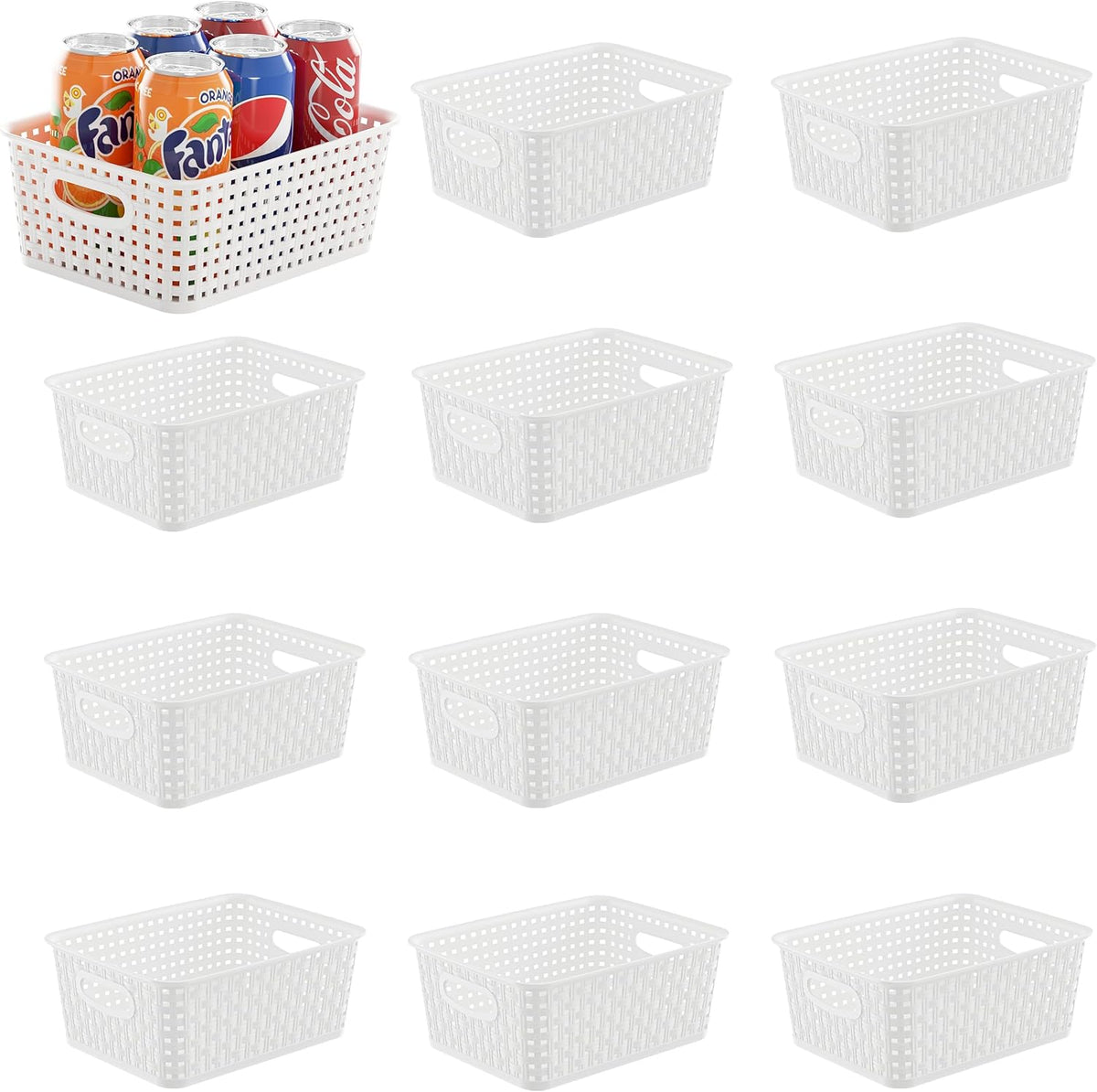 Khaki Stackable Storage Baskets, Plastic Weave Basket Organizer and Storage Set of 12, Pantry Organizing Baskets for Shelves, Kitchens, Bathrooms, Classrooms, Cabinets and Bedrooms