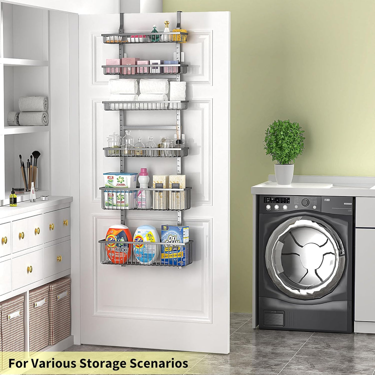 Moforoco White Over The Door Pantry Organizer, Pantry Organization and Storage, Metal Hanging Spice Rack Shelves Door, Seasoning Shelves, Laundry Room Organization, House and Kitchen Essentials