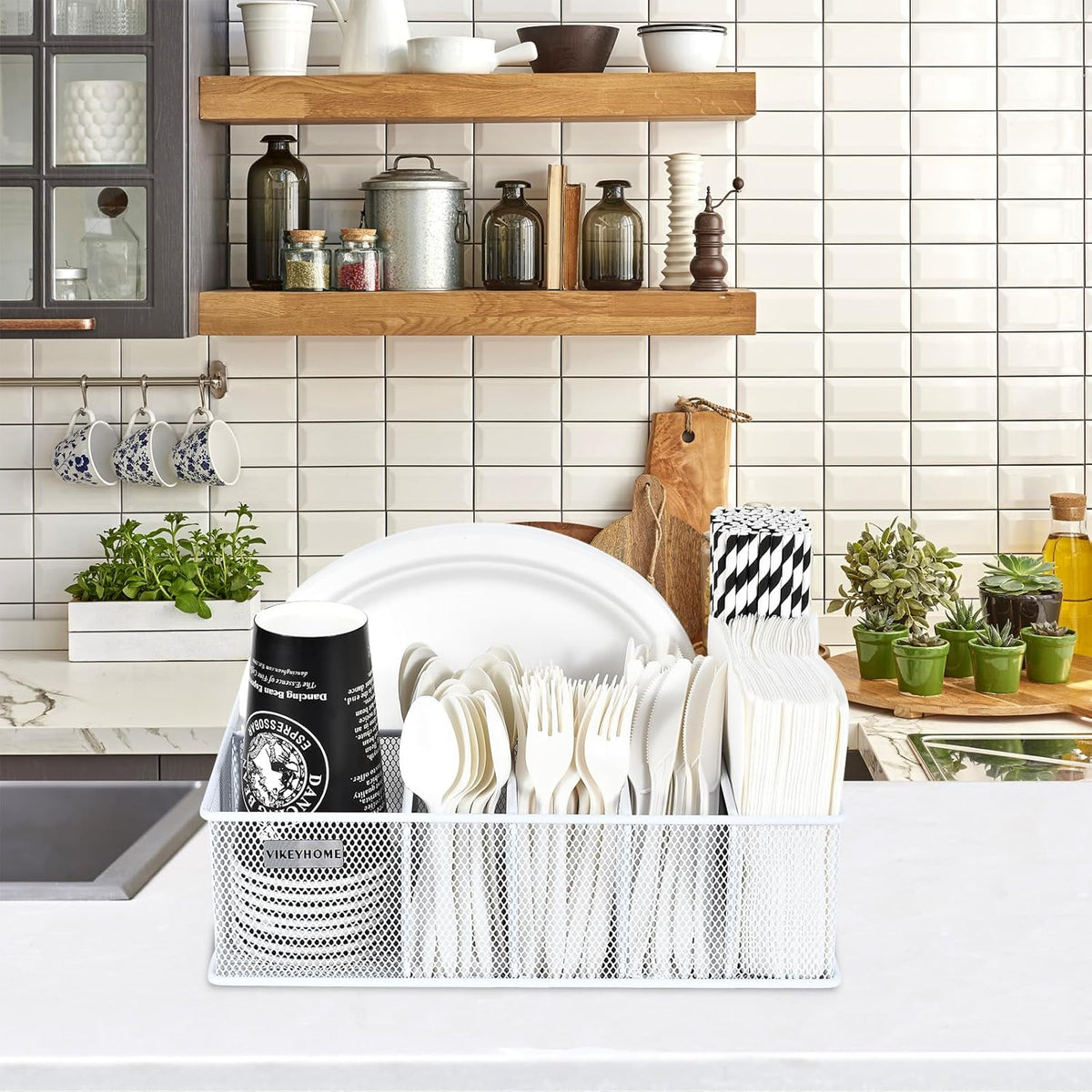 VIKEYHOME Paper Plate Organizer for Countertop, Metal Silverware Caddy with 6 Compartments for Cup, Napkin, Utensil Holder Caddy for Party, Camping, Picnic